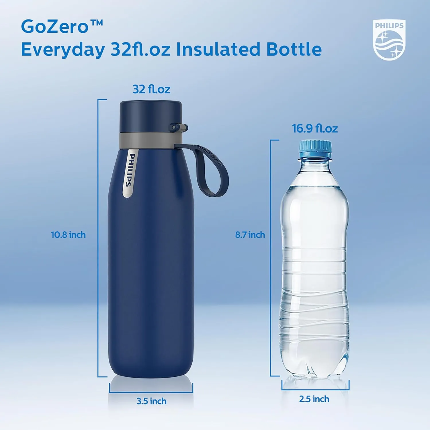 PHILIPS Water Bottle with Filter, Filter Water Bottle Stainless Steel with GoZero Everyday BPA-Free Tap Water Filter, Water Filter Bottle Keep Drink Cold 24 Hours