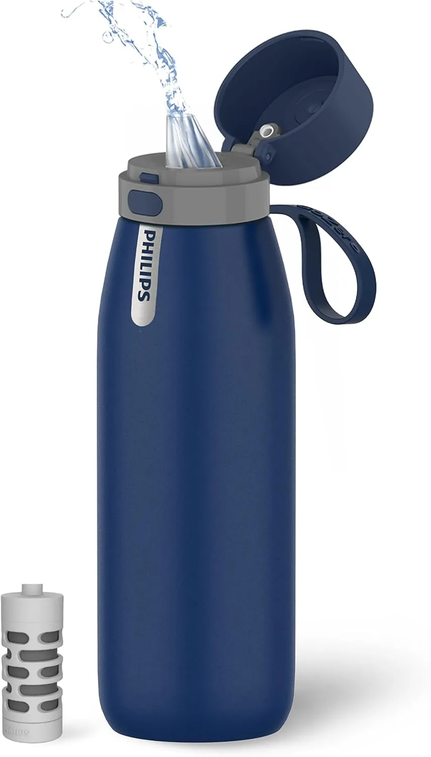 PHILIPS Water Bottle with Filter, Filter Water Bottle Stainless Steel with GoZero Everyday BPA-Free Tap Water Filter, Water Filter Bottle Keep Drink Cold 24 Hours