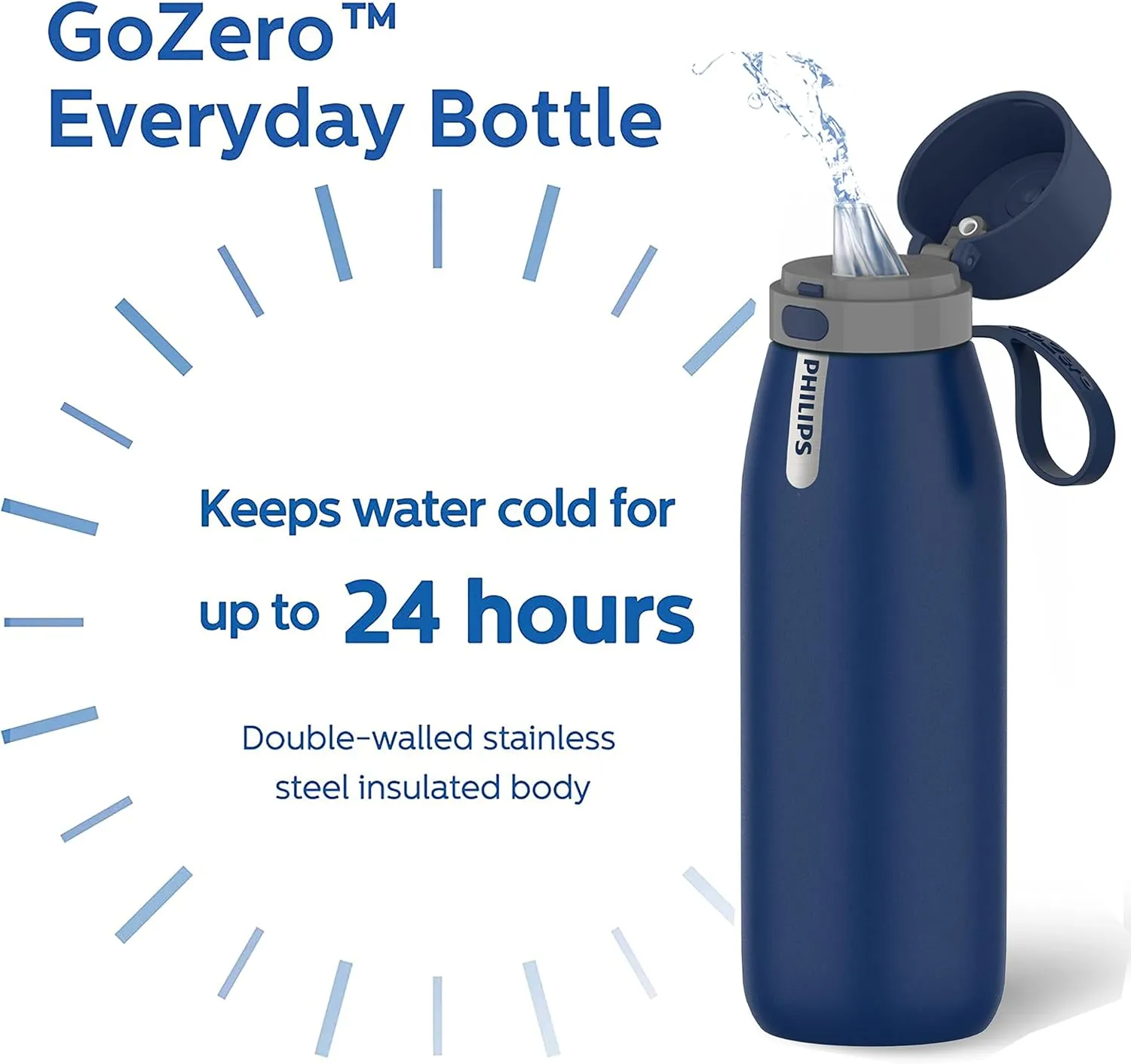 PHILIPS Water Bottle with Filter, Filter Water Bottle Stainless Steel with GoZero Everyday BPA-Free Tap Water Filter, Water Filter Bottle Keep Drink Cold 24 Hours