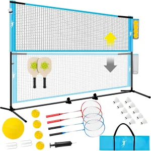 Pickleball Badminton Net Set for Backyards, All-in-One Portable Volleyball Combo Set with Adjustable Net, Volleyball Pickleball Paddles & Badminton Rackets for Indoor Outdoor