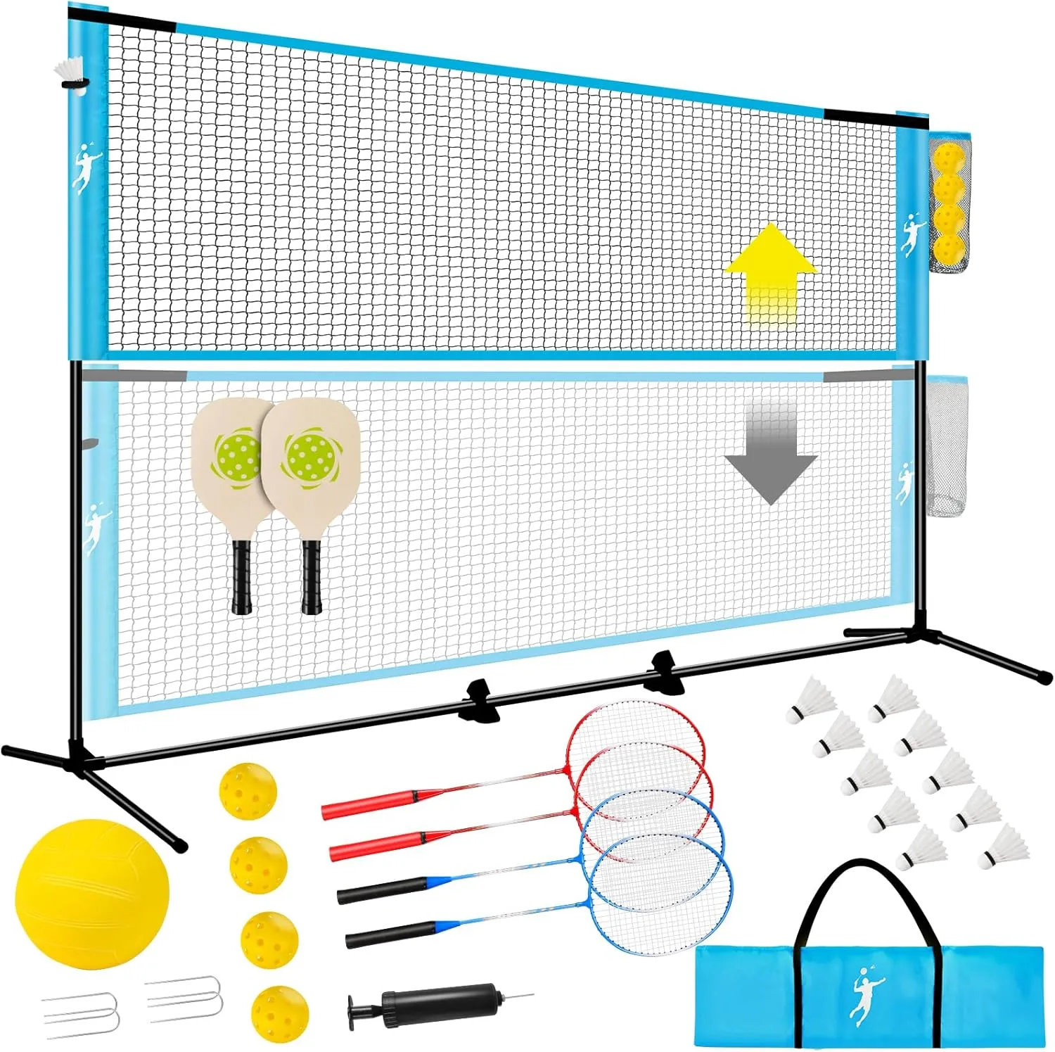 Pickleball Badminton Net Set for Backyards, All-in-One Portable Volleyball Combo Set with Adjustable Net, Volleyball Pickleball Paddles & Badminton Rackets for Indoor Outdoor