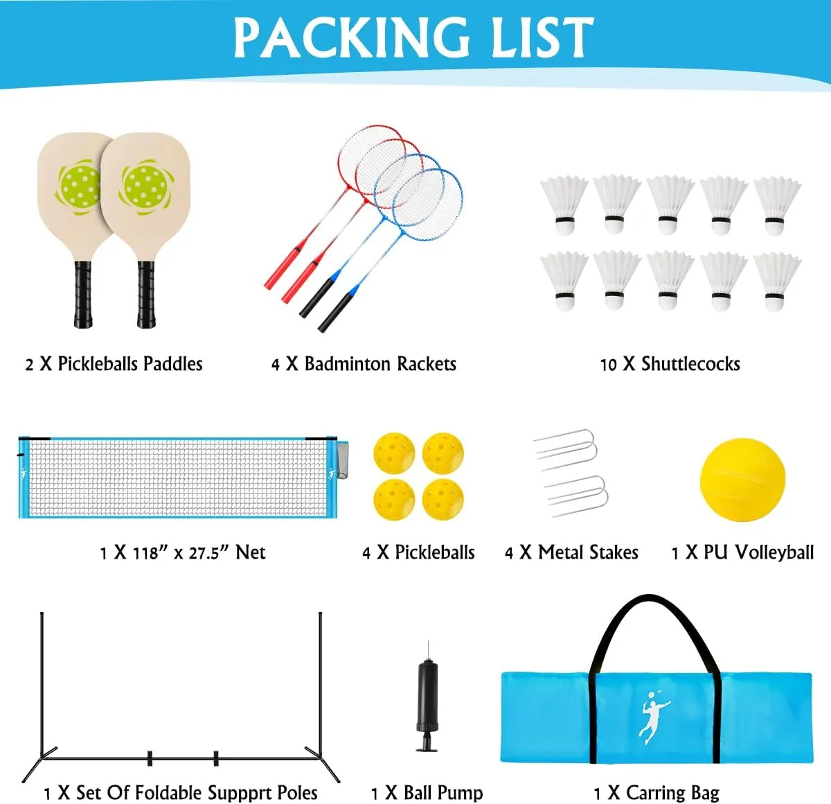 Pickleball Badminton Net Set for Backyards, All-in-One Portable Volleyball Combo Set with Adjustable Net, Volleyball Pickleball Paddles & Badminton Rackets for Indoor Outdoor