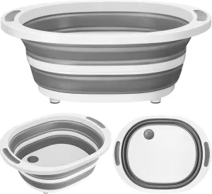 Pickmesh Collapsible Large BBQ Prep Tub 8L Collapsible Cutting Board with Colander Portable Charcuterie Board BBQ Accessories Camping Sink Meat Tub for Picnic Tailgate Camping(Gray)