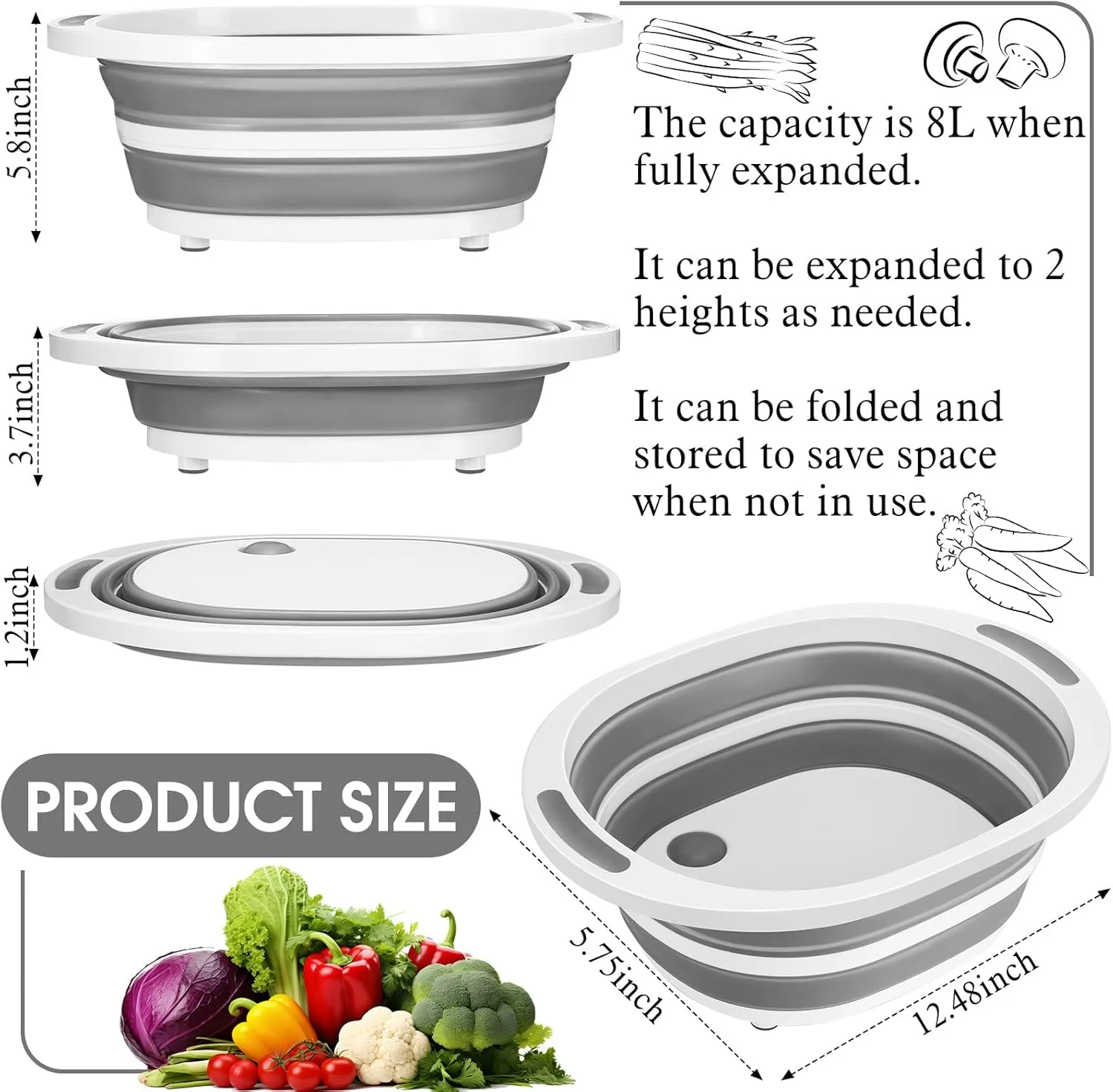 Pickmesh Collapsible Large BBQ Prep Tub 8L Collapsible Cutting Board with Colander Portable Charcuterie Board BBQ Accessories Camping Sink Meat Tub for Picnic Tailgate Camping(Gray)