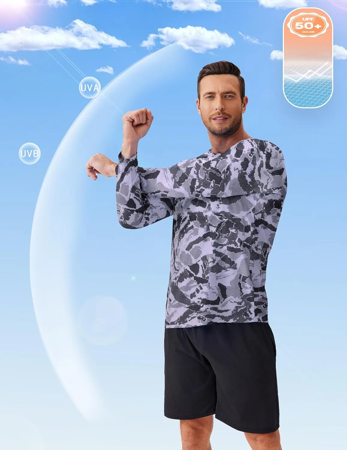 PINSPARK Mens UV Protection Shirts Long Sleeve Fishing Shirts Camo Rash Guard Swim Shirt Quick Dry Athletic Workout Tshirts