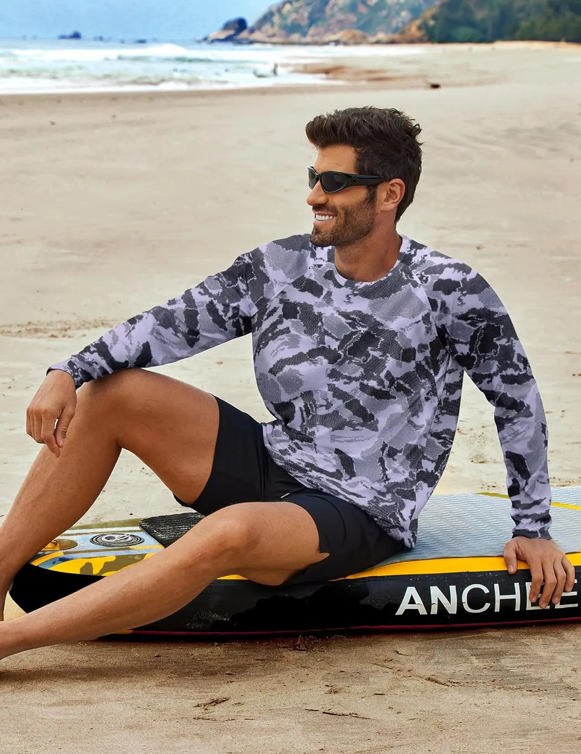 PINSPARK Mens UV Protection Shirts Long Sleeve Fishing Shirts Camo Rash Guard Swim Shirt Quick Dry Athletic Workout Tshirts