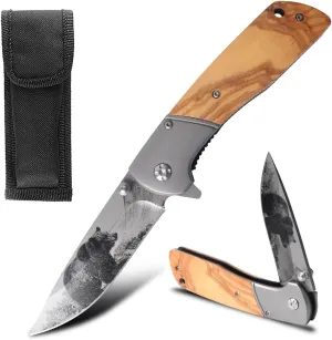 Pocket Folding Knife-7.99" EDC Knife with Bear 3D Printing Blade, Glass Breaker, Belt Cutter, Thumb Stud, Liner Lock and Pocket Clip, Good for Survival, Camping, Outdoor, Hiking and Hunting