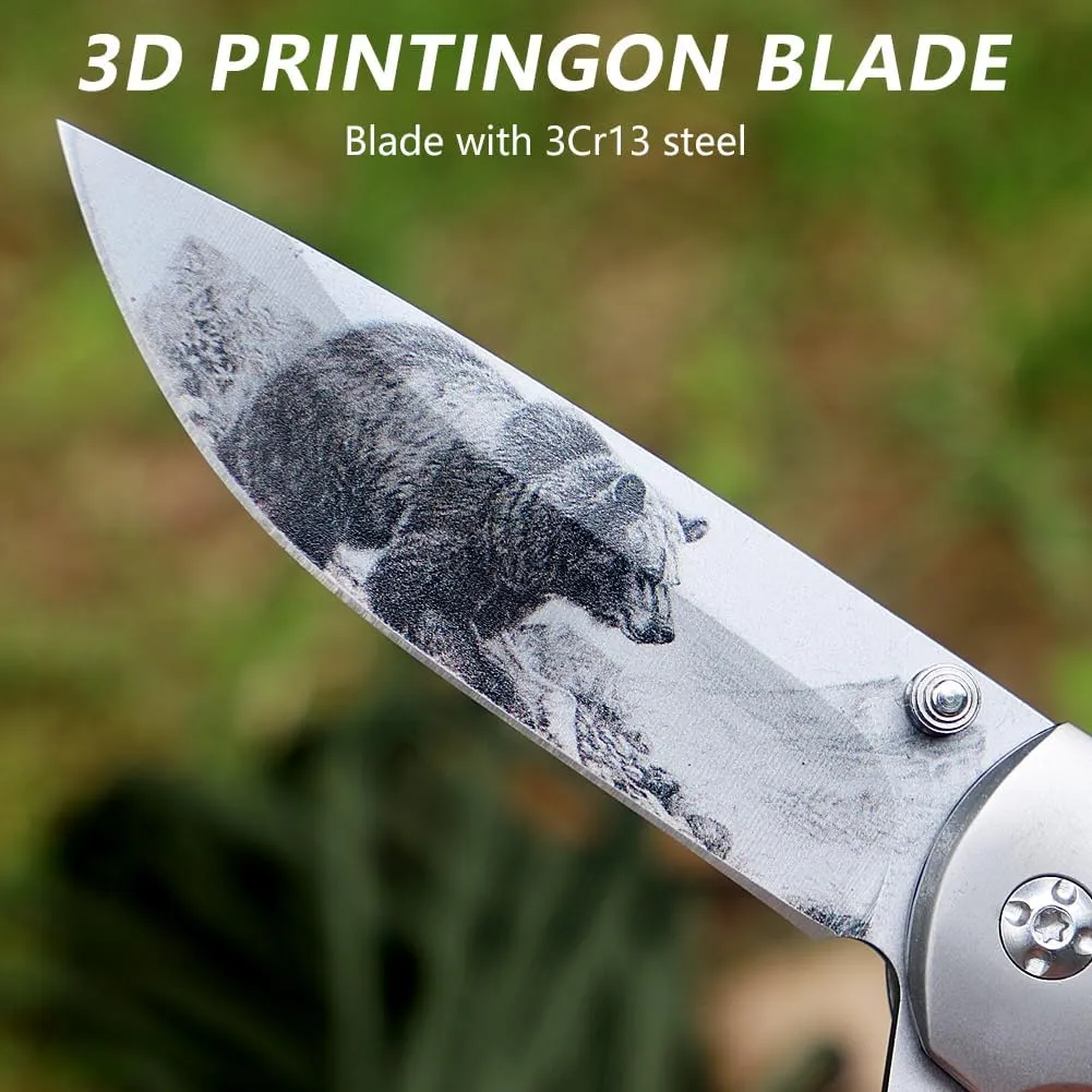 Pocket Folding Knife-7.99" EDC Knife with Bear 3D Printing Blade, Glass Breaker, Belt Cutter, Thumb Stud, Liner Lock and Pocket Clip, Good for Survival, Camping, Outdoor, Hiking and Hunting