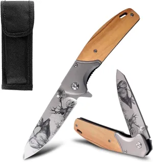 Pocket Folding Knife-7.99" EDC Knife with Ox Deer 3D Printing Blade, Glass Breaker, Belt Cutter, Thumb Stud, Liner Lock and Pocket Clip, Good for Survival, Camping, Outdoor, Hiking and Hunting