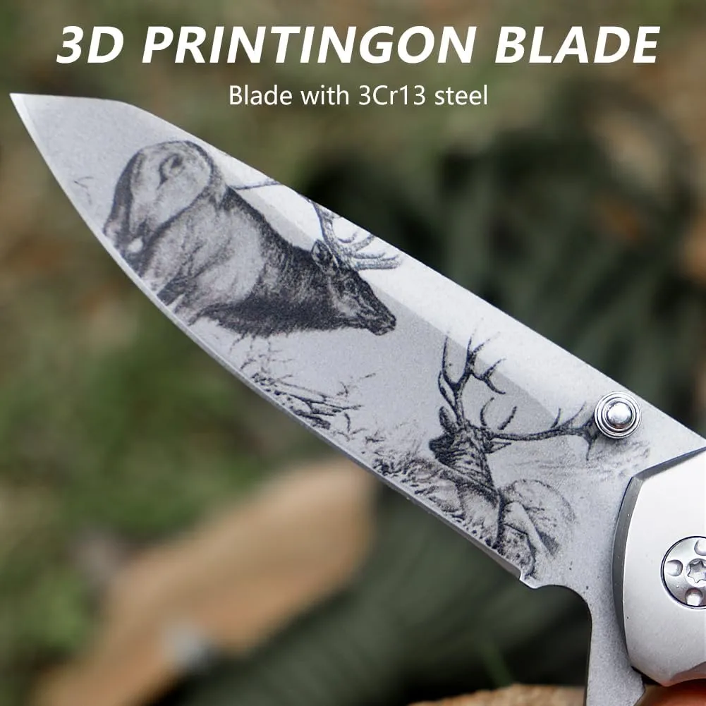 Pocket Folding Knife-7.99" EDC Knife with Ox Deer 3D Printing Blade, Glass Breaker, Belt Cutter, Thumb Stud, Liner Lock and Pocket Clip, Good for Survival, Camping, Outdoor, Hiking and Hunting