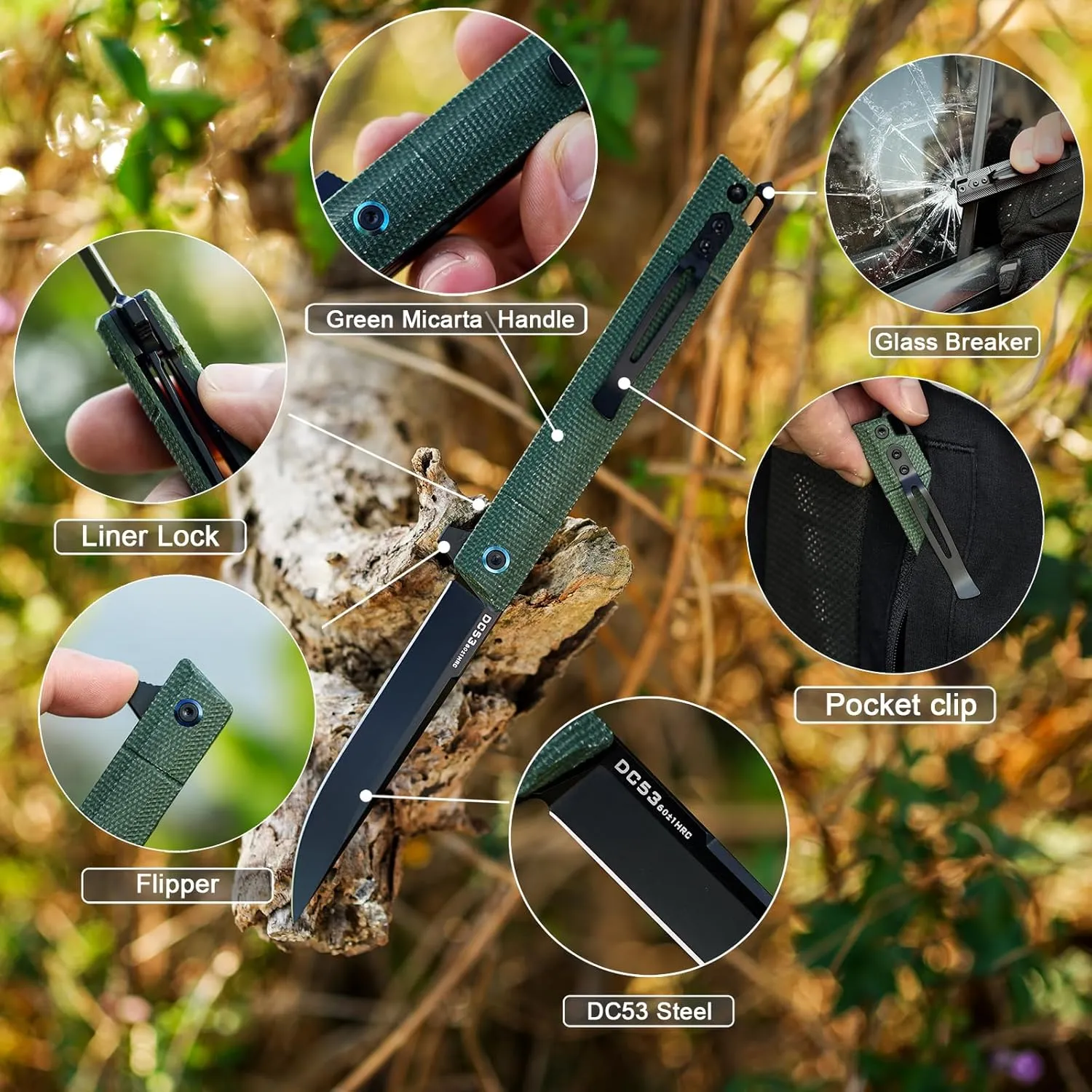 Pocket Folding Knife,Flipper Open,DC53 Steel Blade and Micarta Handle. With pocket clip and glass breaker,Sharp Camping Hiking Daily Work Knives,Everyday Carry EDC tool Knife