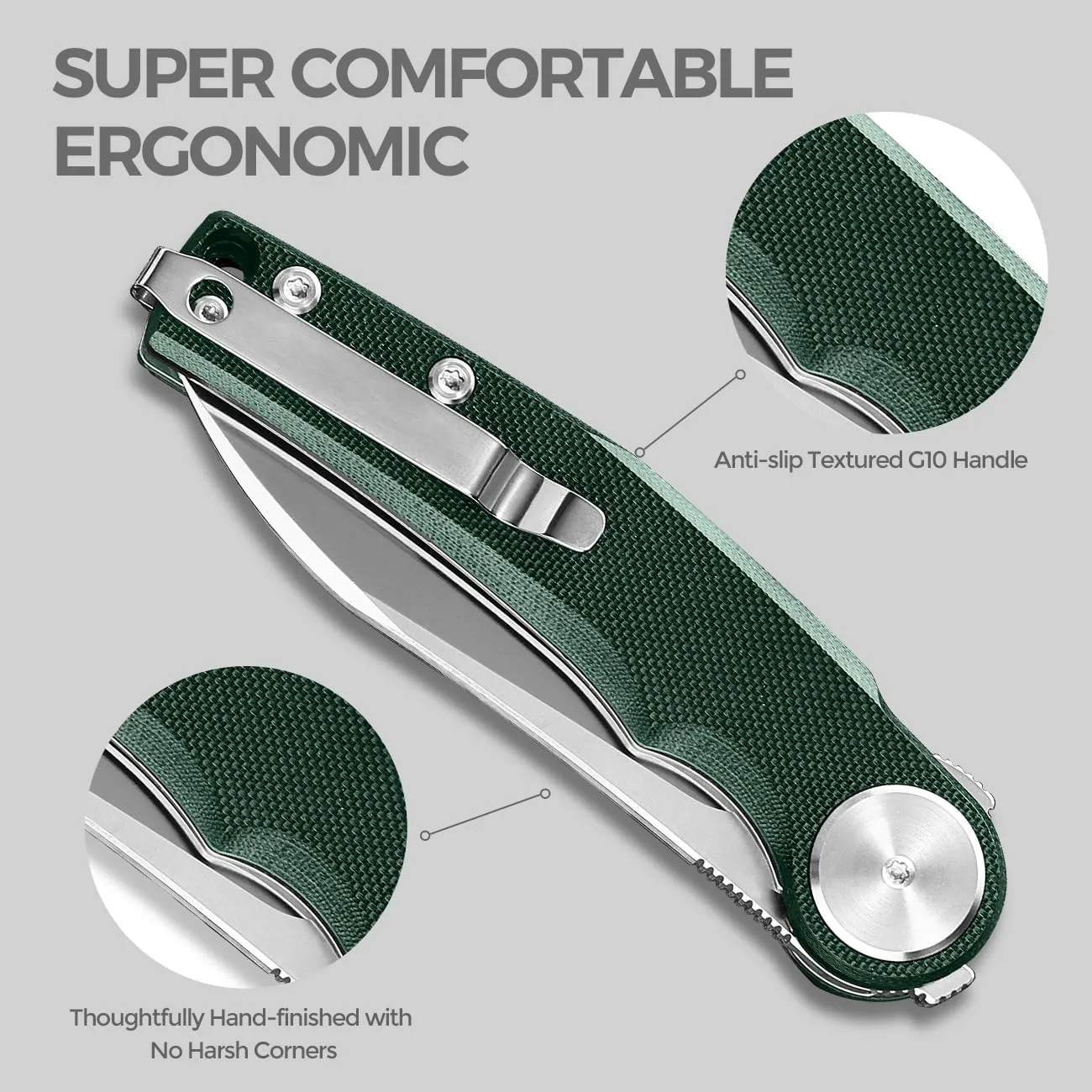 Pocket Knife, Folding Knife with Clip, Tactical Knives with Ball Bearing and Liner Lock, D2 Small EDC Knife for Camping Survival Hunting 3618 (Green-G10)