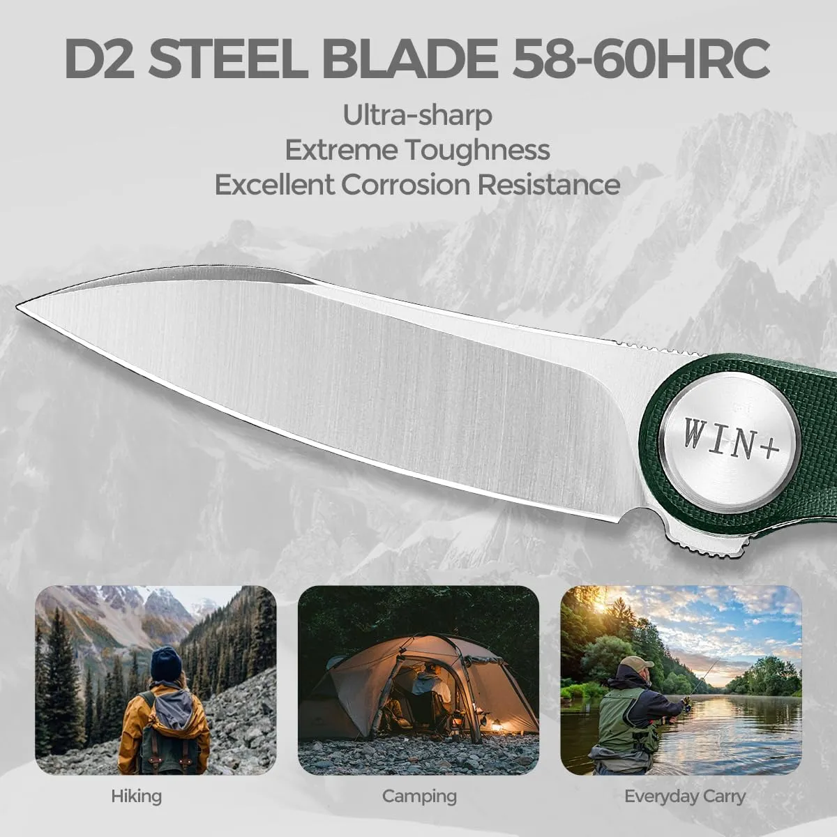 Pocket Knife, Folding Knife with Clip, Tactical Knives with Ball Bearing and Liner Lock, D2 Small EDC Knife for Camping Survival Hunting 3618 (Green-G10)