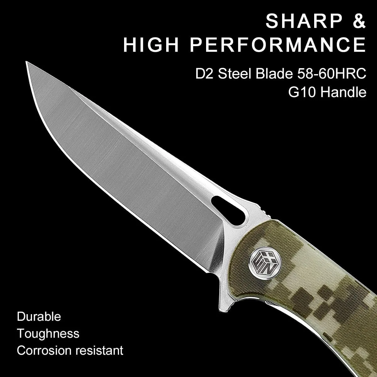 Pocket Knife for EDC, Folding Knife with Clip and Liner Lock, Small Tactical Knives with D2 Blade and G10 Handle, Camping Knife for Men and Wome Survival Hunting W3898-3 (Camo)
