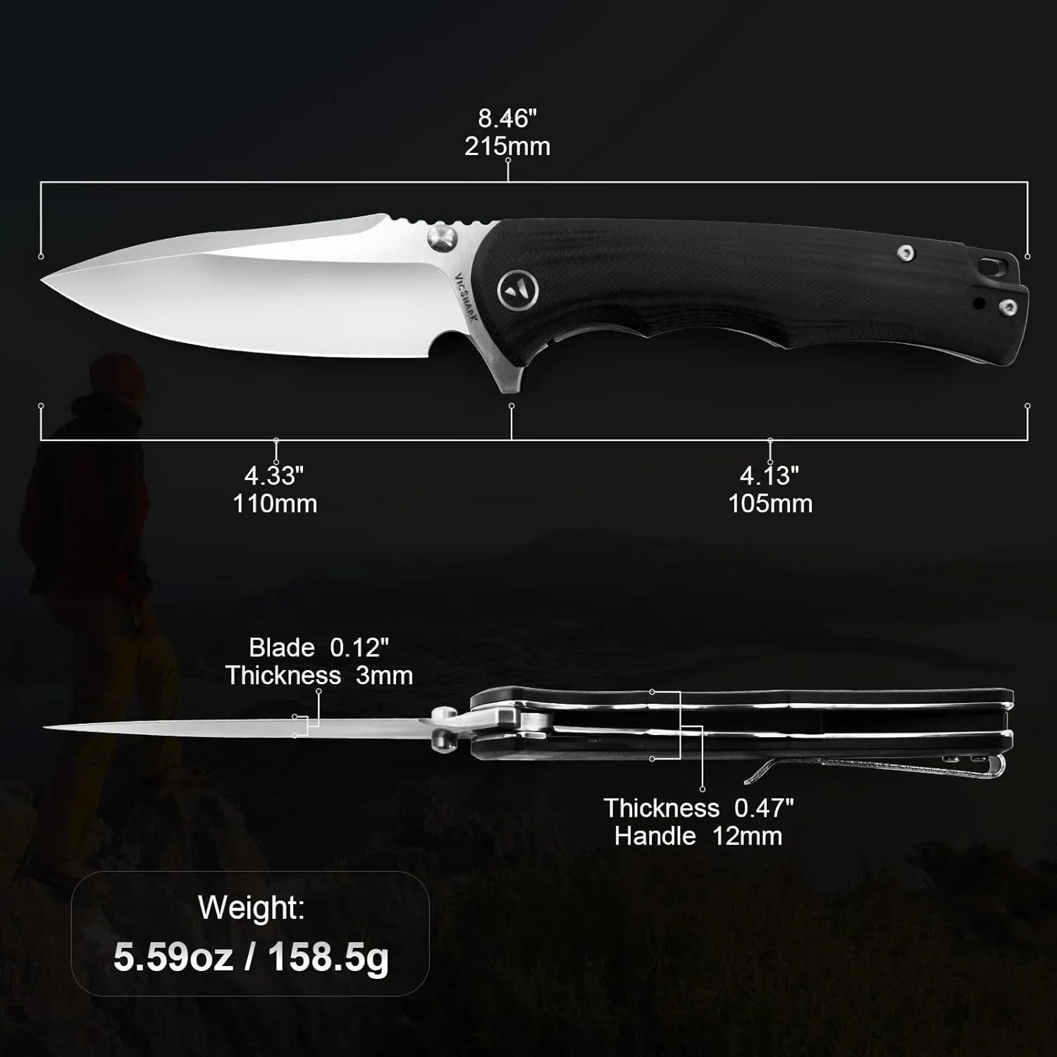 Pocket Knife Hunting knives knives for men Folding Knife D2 Steel Blade G10 Handle EDC Knife with Pocket Sharp Camping Survival Hiking Knives Black