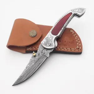 Pocket Knives & Folding Knives with Sheath - EDC Knife Pocket - 7.4 Inches Engraved Steel Damascus Folding Pocket Knife - Handmade Damascus Pocket Knife for Men