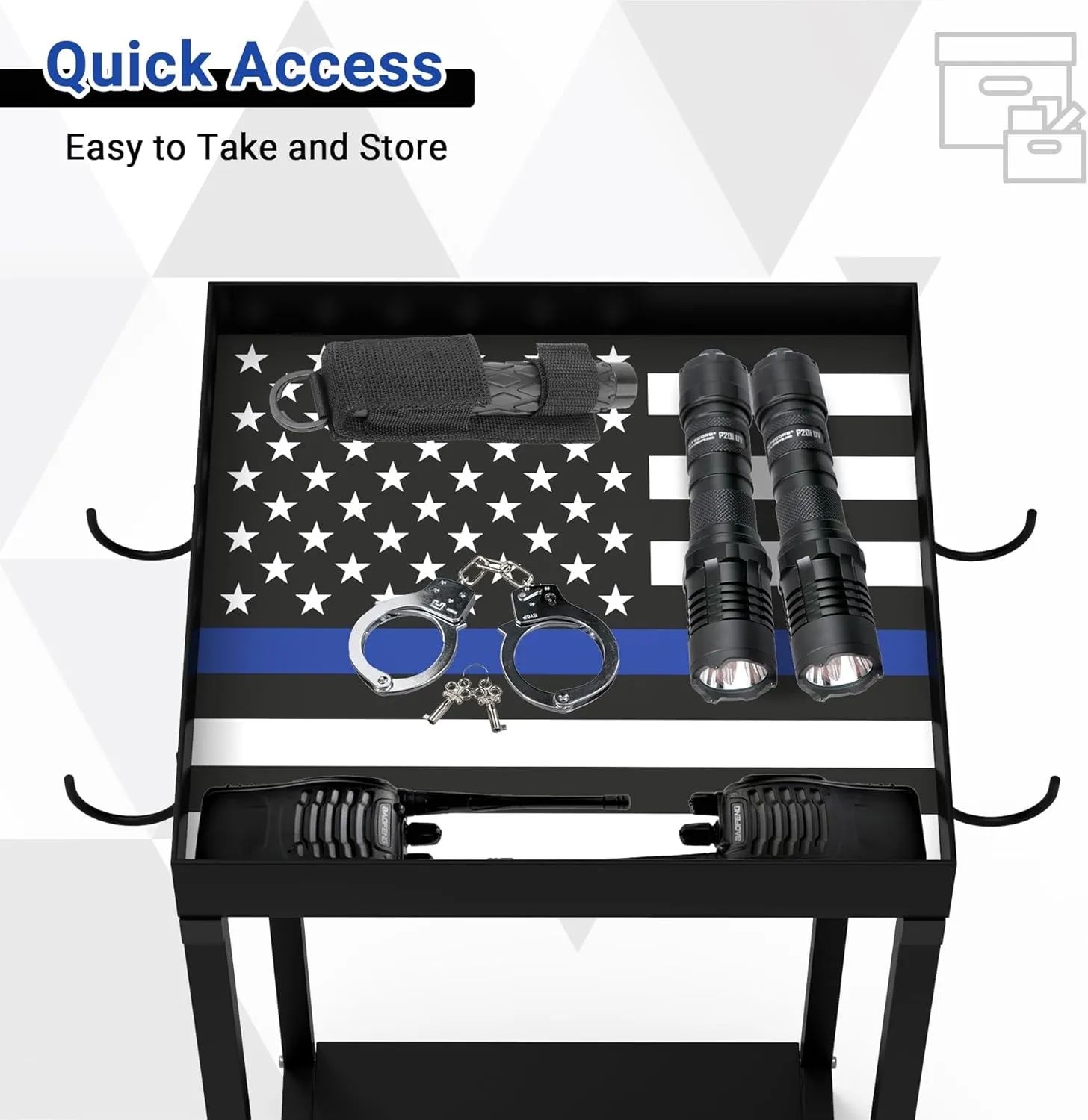 Police Gear Rack, Police Hanger with Hooks, Tactical Duty Gear Rack Decor with Thin Blue Line Flag, Black Body Armor Stand for Police Gift