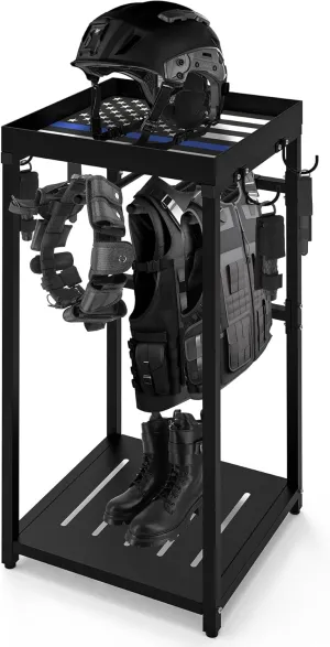 Police Gear Rack, Police Hanger with Hooks, Tactical Duty Gear Rack Decor with Thin Blue Line Flag, Black Body Armor Stand for Police Gift