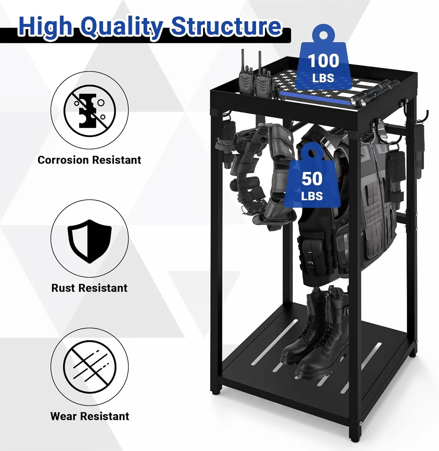 Police Gear Rack, Police Hanger with Hooks, Tactical Duty Gear Rack Decor with Thin Blue Line Flag, Black Body Armor Stand for Police Gift