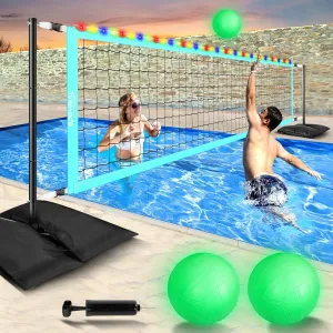Pool Volleyball Net Set for Inground Pools – Adjustable Length 15ft to 32ft Outdoor Water Volleyball, Portable Volleyball Net with 4 Sandbags, LED Lights & 2 Glow in The Dark Volleyballs