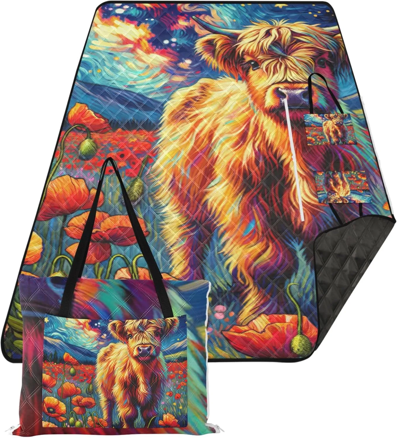 Poppy Flowers Highland Cow Beach Blankets Waterproof Sandproof, Outdoor Play Mat for Grass Cute Picnic Essentials Foldable, 118" x 80"