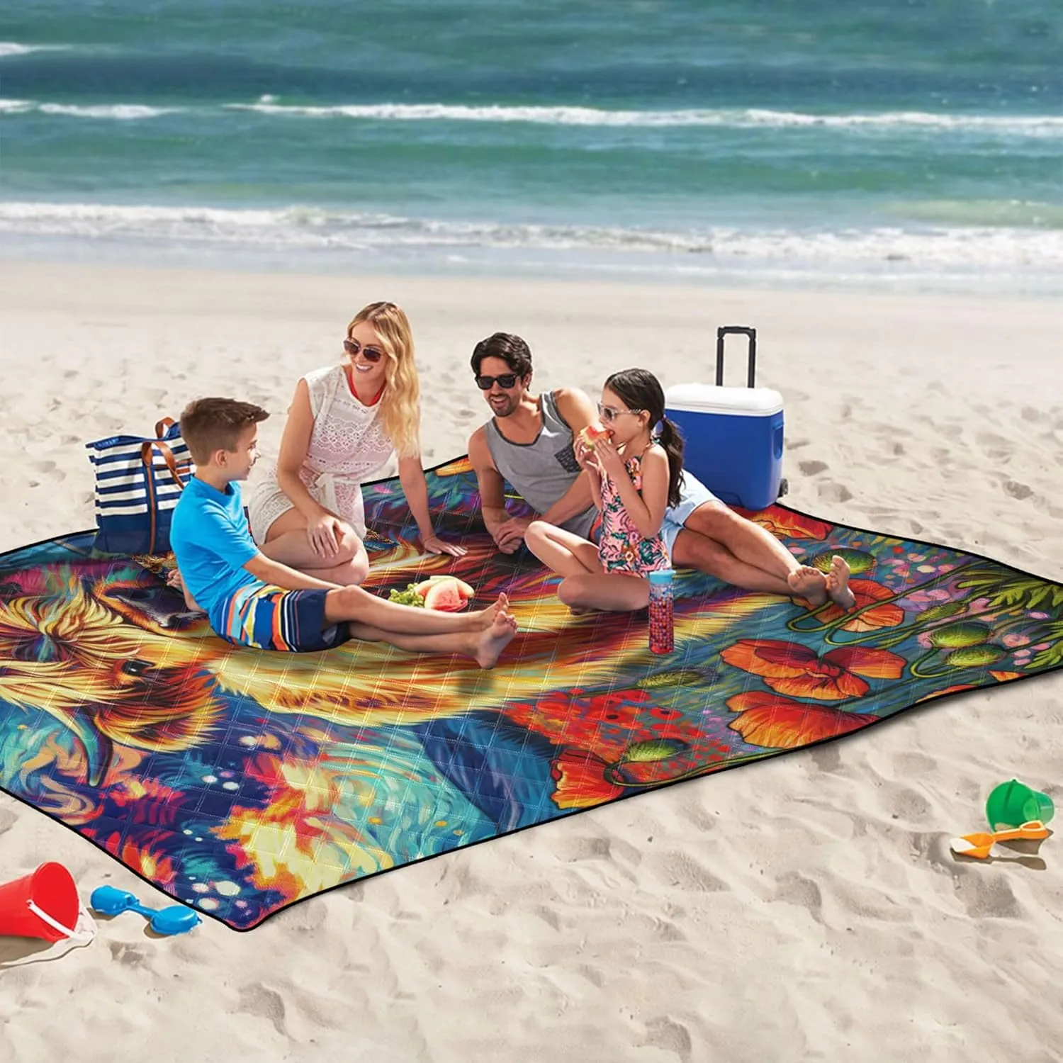 Poppy Flowers Highland Cow Beach Blankets Waterproof Sandproof, Outdoor Play Mat for Grass Cute Picnic Essentials Foldable, 118" x 80"