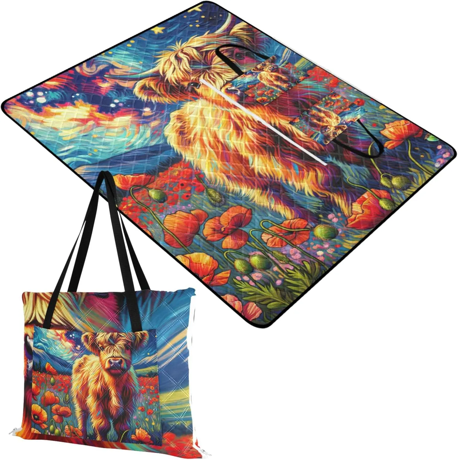 Poppy Flowers Highland Cow Beach Blankets Waterproof Sandproof, Outdoor Play Mat for Grass Cute Picnic Essentials Foldable, 118" x 80"