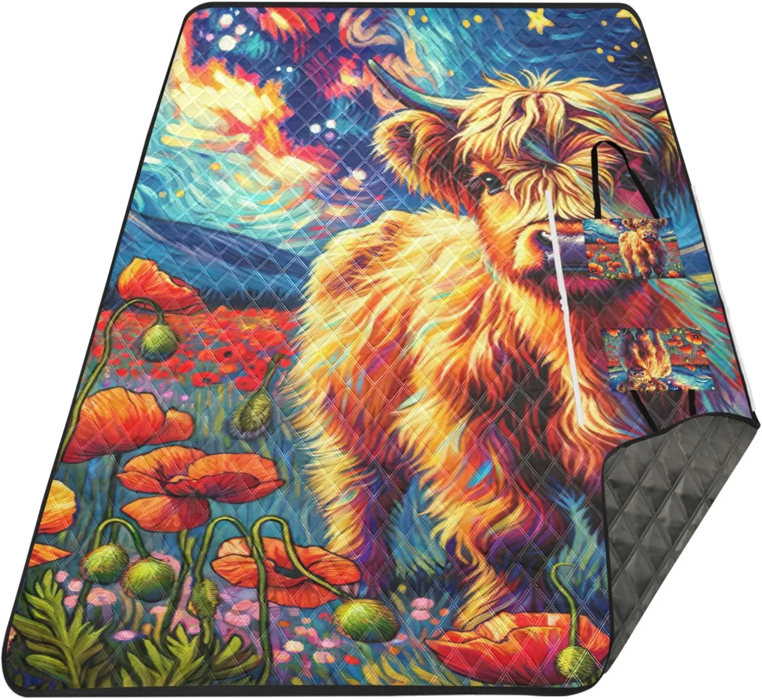 Poppy Flowers Highland Cow Beach Blankets Waterproof Sandproof, Outdoor Play Mat for Grass Cute Picnic Essentials Foldable, 118" x 80"