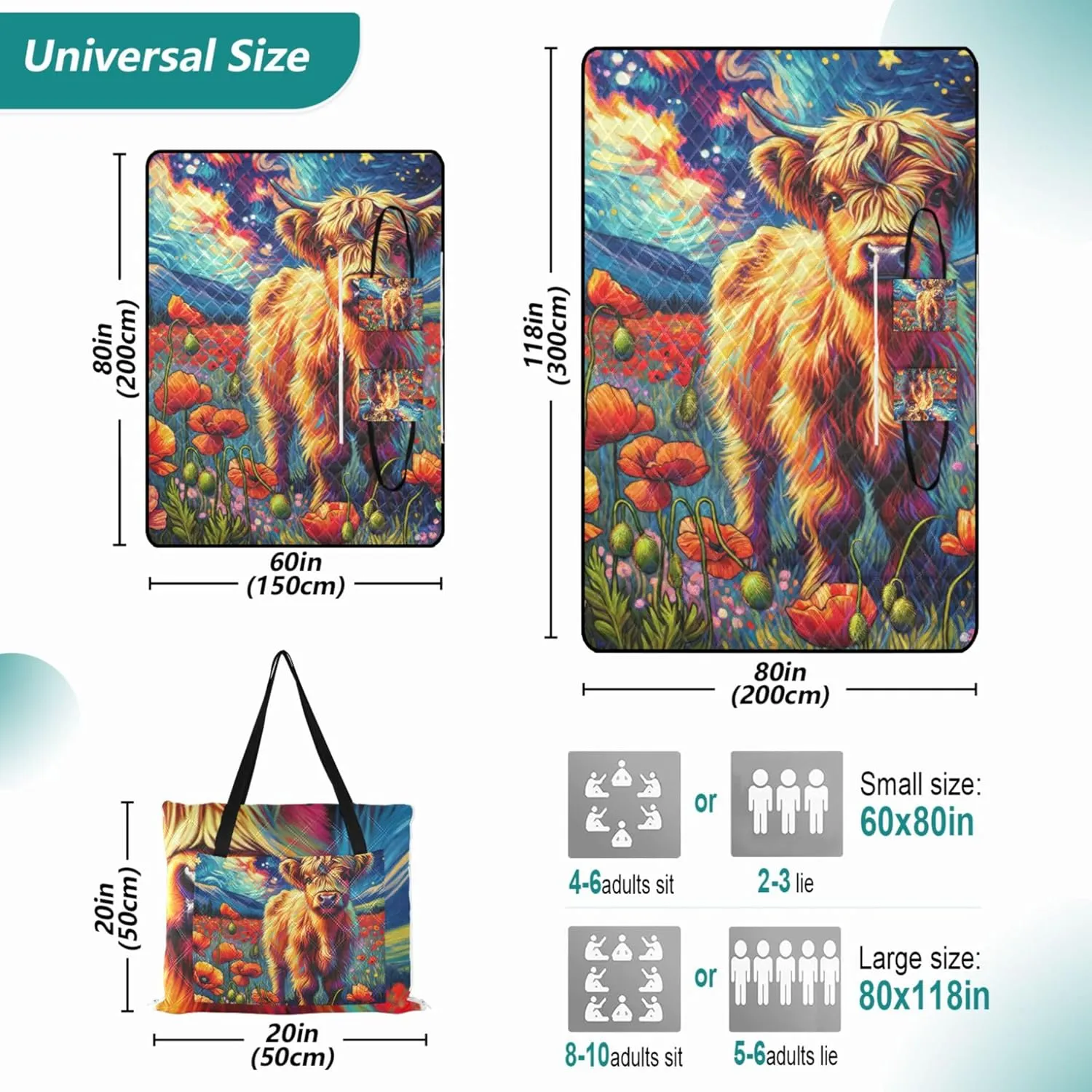 Poppy Flowers Highland Cow Beach Blankets Waterproof Sandproof, Outdoor Play Mat for Grass Cute Picnic Essentials Foldable, 118" x 80"