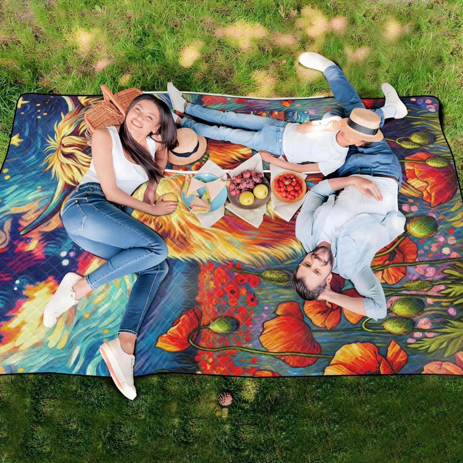 Poppy Flowers Highland Cow Beach Blankets Waterproof Sandproof, Outdoor Play Mat for Grass Cute Picnic Essentials Foldable, 118" x 80"
