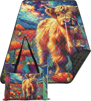 Poppy Flowers Highland Cow Beach Blankets Waterproof Sandproof, Outdoor Play Mat for Grass Cute Picnic Essentials Foldable, 118" x 80"