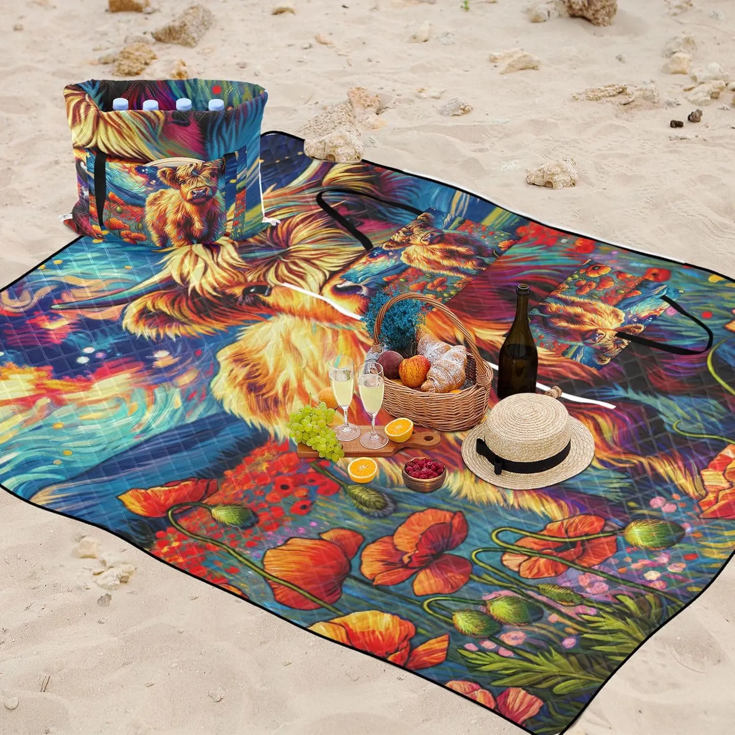 Poppy Flowers Highland Cow Beach Blankets Waterproof Sandproof, Outdoor Play Mat for Grass Cute Picnic Essentials Foldable, 118" x 80"