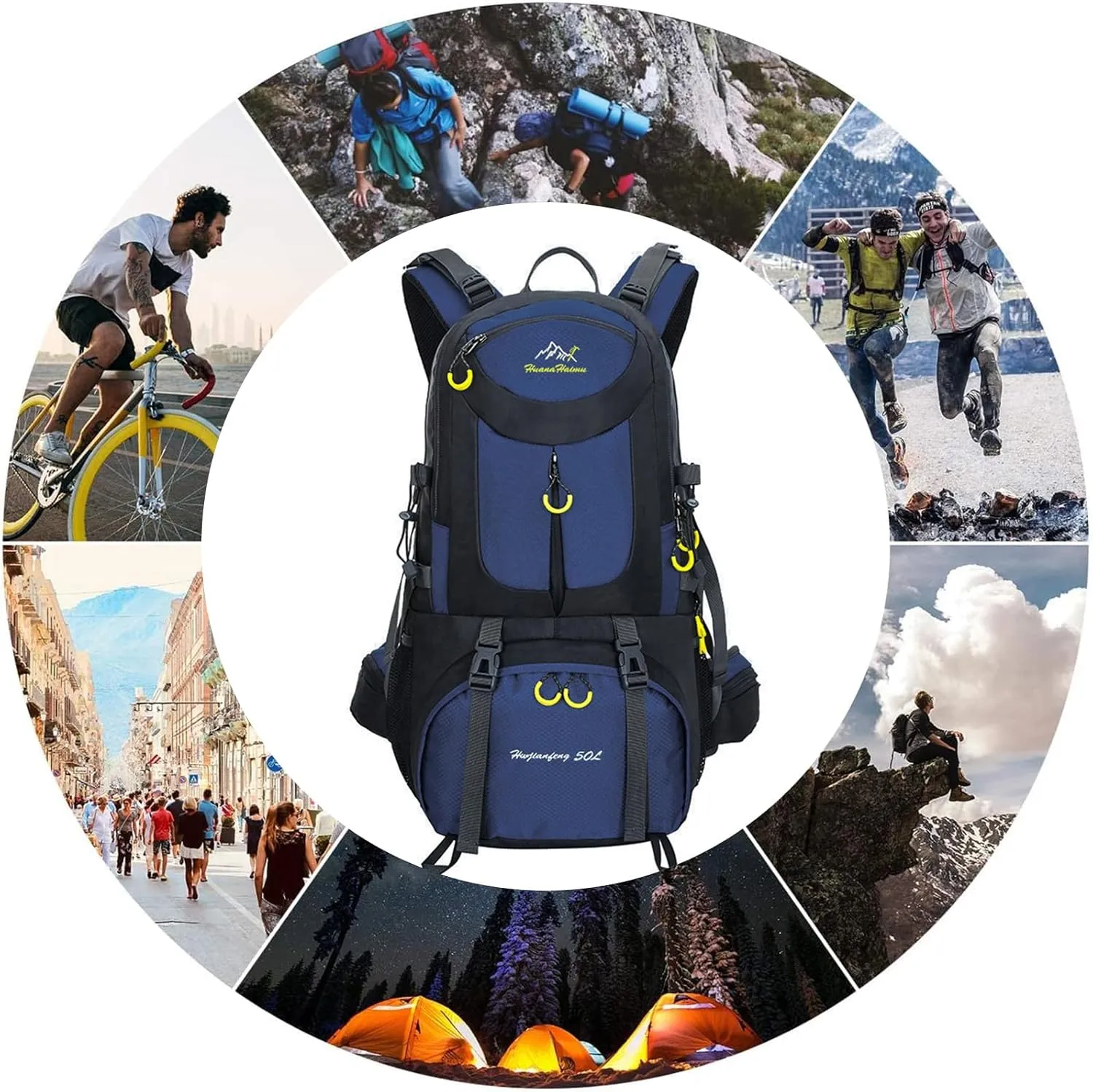 PORRASSO 50L Hiking Backpack Trekking Rucksack Waterproof Daypack Durable Backpack for Women Men Camping Cycling Climbing Outdoor Sports Dark Blue
