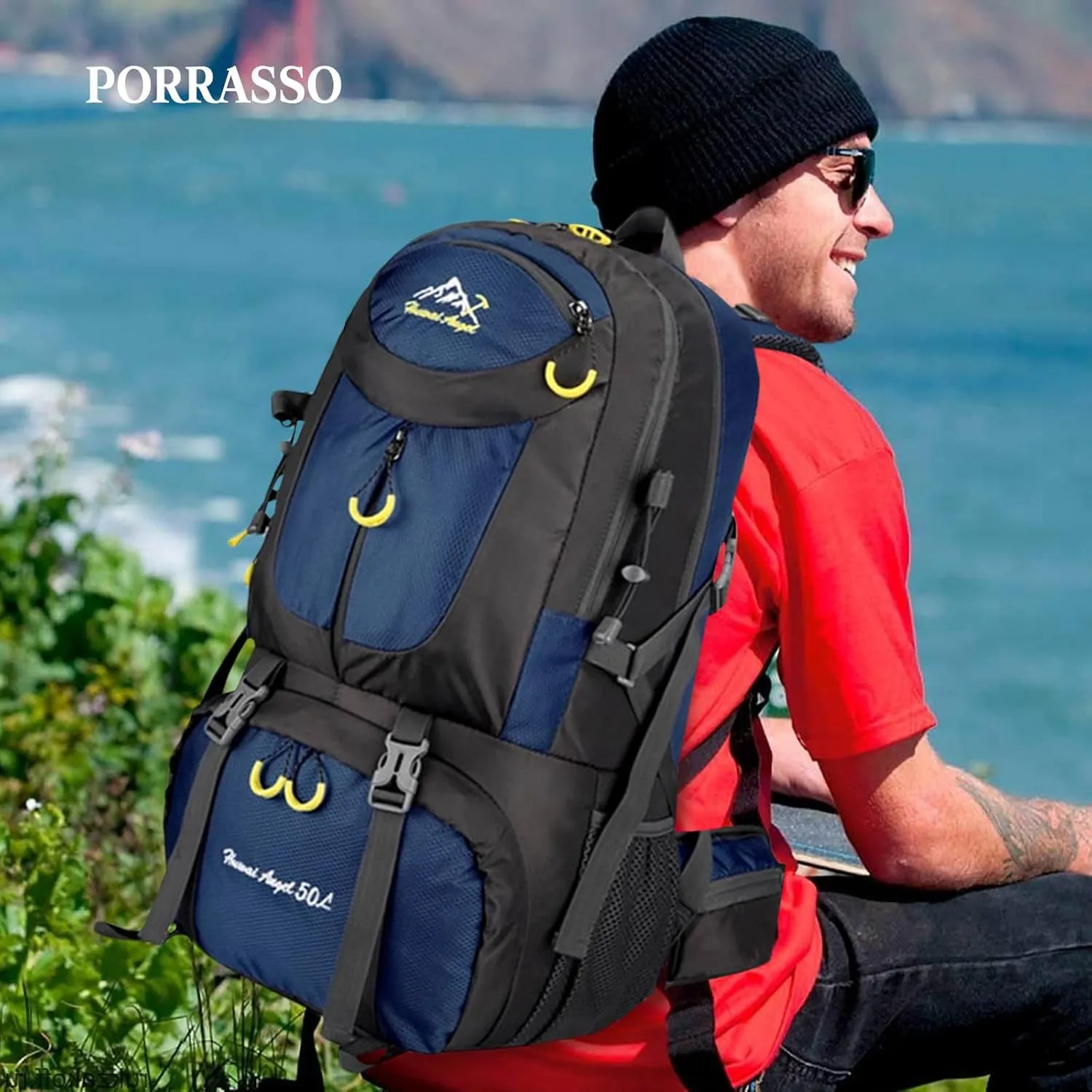 PORRASSO 50L Hiking Backpack Trekking Rucksack Waterproof Daypack Durable Backpack for Women Men Camping Cycling Climbing Outdoor Sports Dark Blue