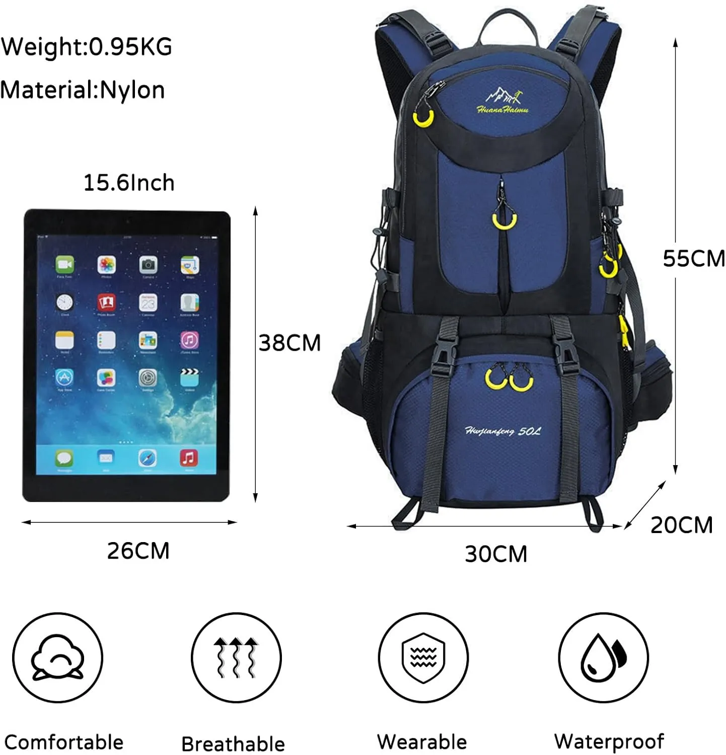 PORRASSO 50L Hiking Backpack Trekking Rucksack Waterproof Daypack Durable Backpack for Women Men Camping Cycling Climbing Outdoor Sports Dark Blue