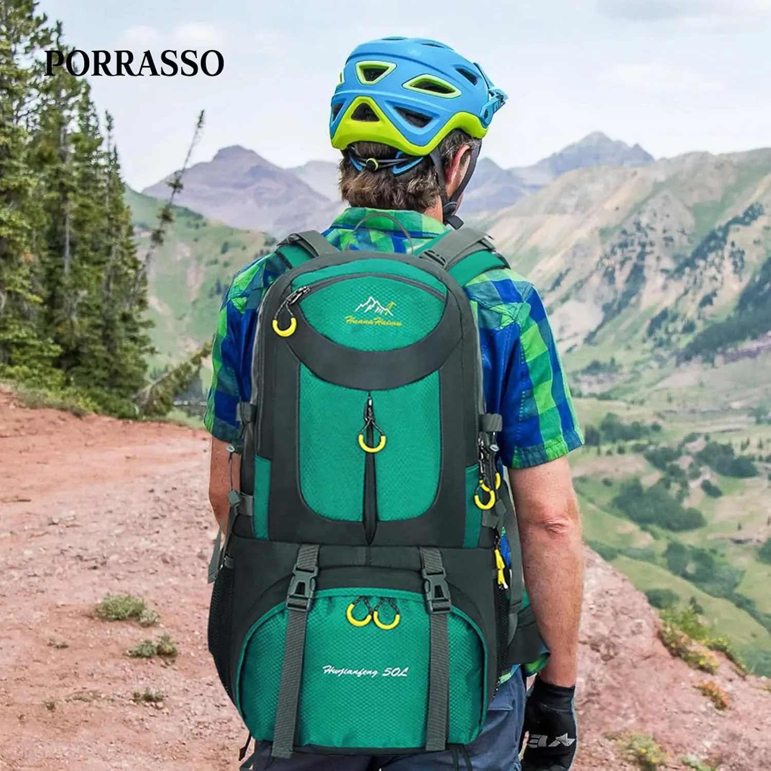 PORRASSO 50L Hiking Backpack Trekking Rucksack Waterproof Daypack Durable Backpack for Women Men Camping Cycling Climbing Outdoor Sports Lake Blue