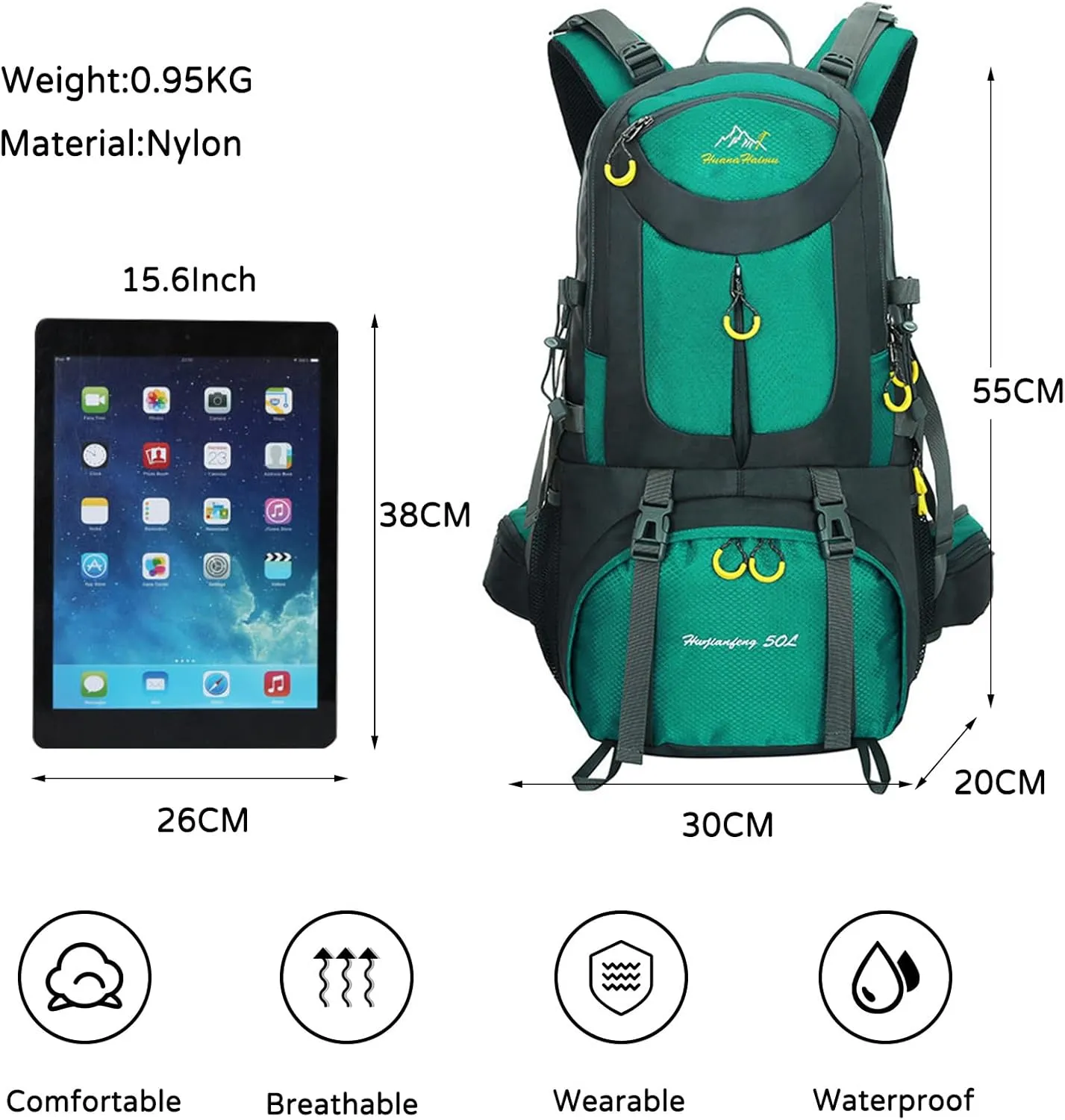 PORRASSO 50L Hiking Backpack Trekking Rucksack Waterproof Daypack Durable Backpack for Women Men Camping Cycling Climbing Outdoor Sports Lake Blue