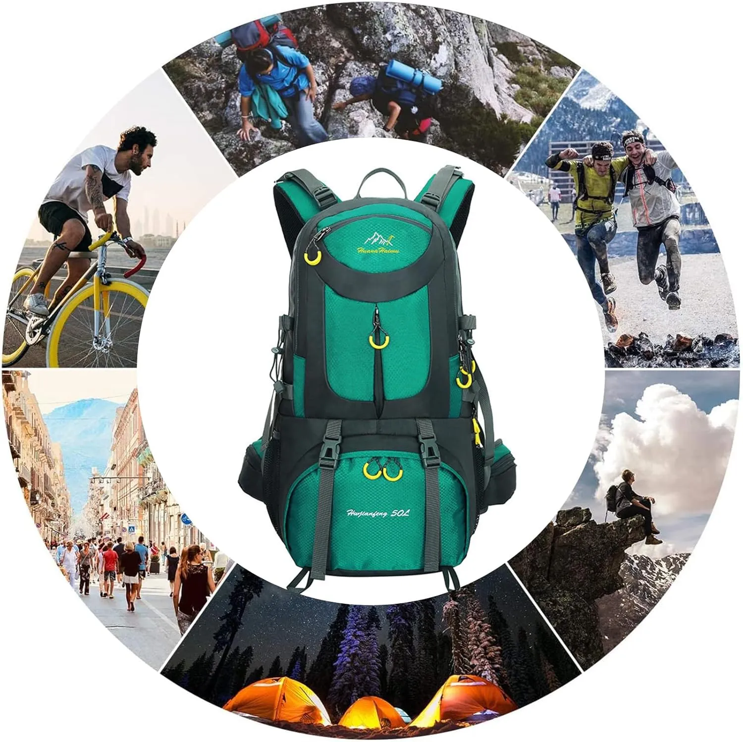 PORRASSO 50L Hiking Backpack Trekking Rucksack Waterproof Daypack Durable Backpack for Women Men Camping Cycling Climbing Outdoor Sports Lake Blue