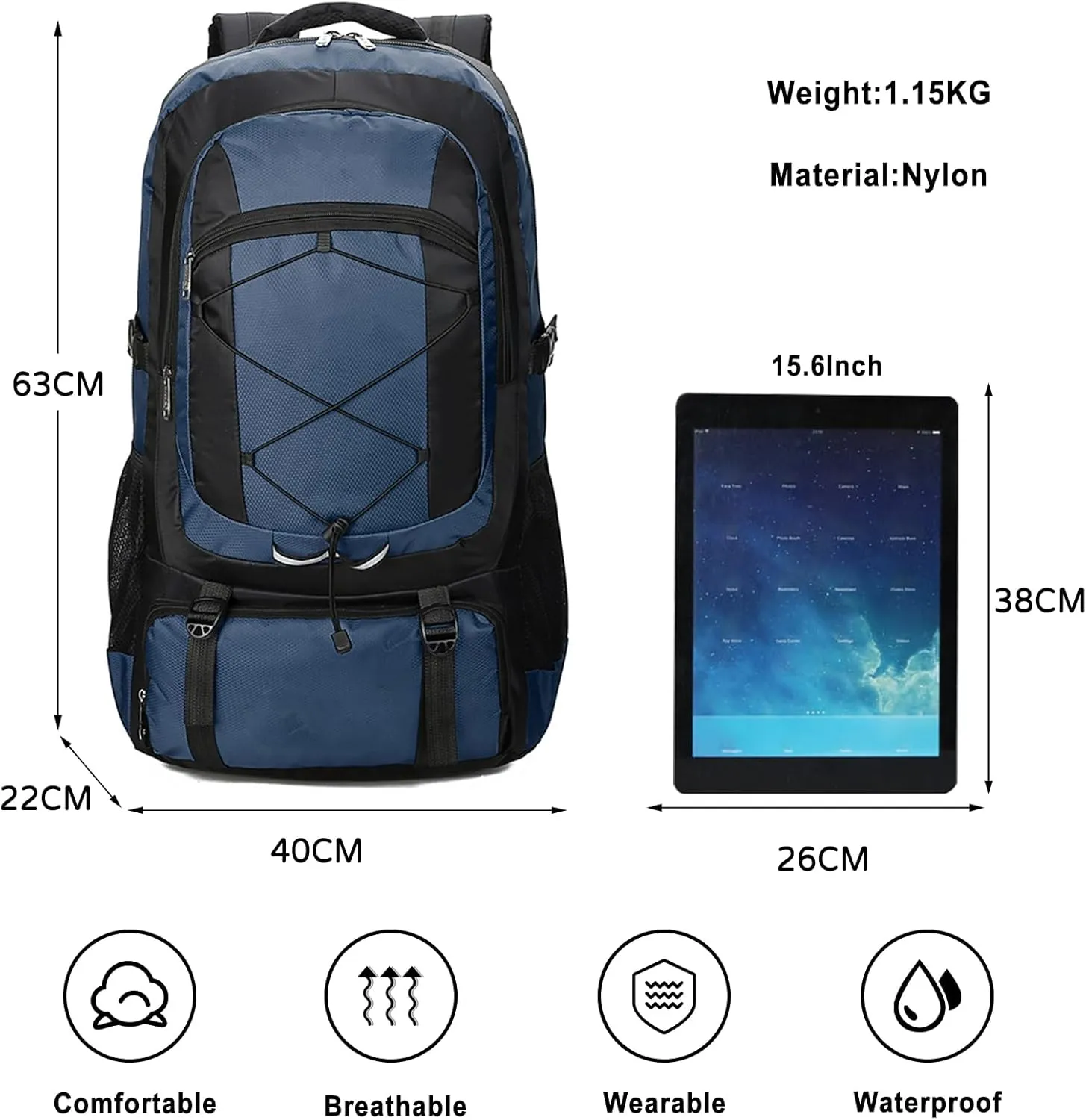 PORRASSO 75L Hiking Backpack Trekking Rucksack Waterproof Daypack Durable Backpack for Women Men Camping Climbing Travel Outdoor Sports Navy Blue