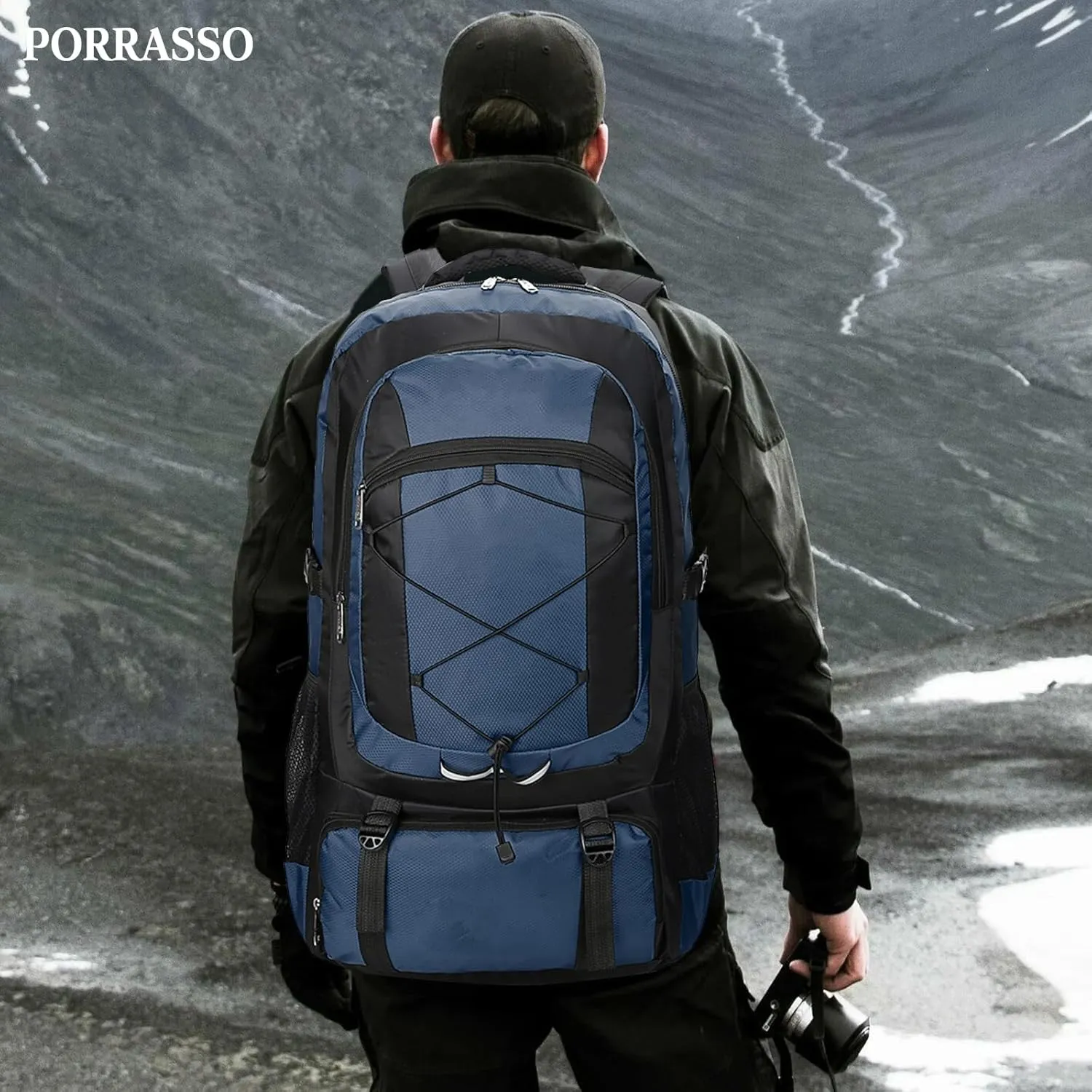 PORRASSO 75L Hiking Backpack Trekking Rucksack Waterproof Daypack Durable Backpack for Women Men Camping Climbing Travel Outdoor Sports Navy Blue