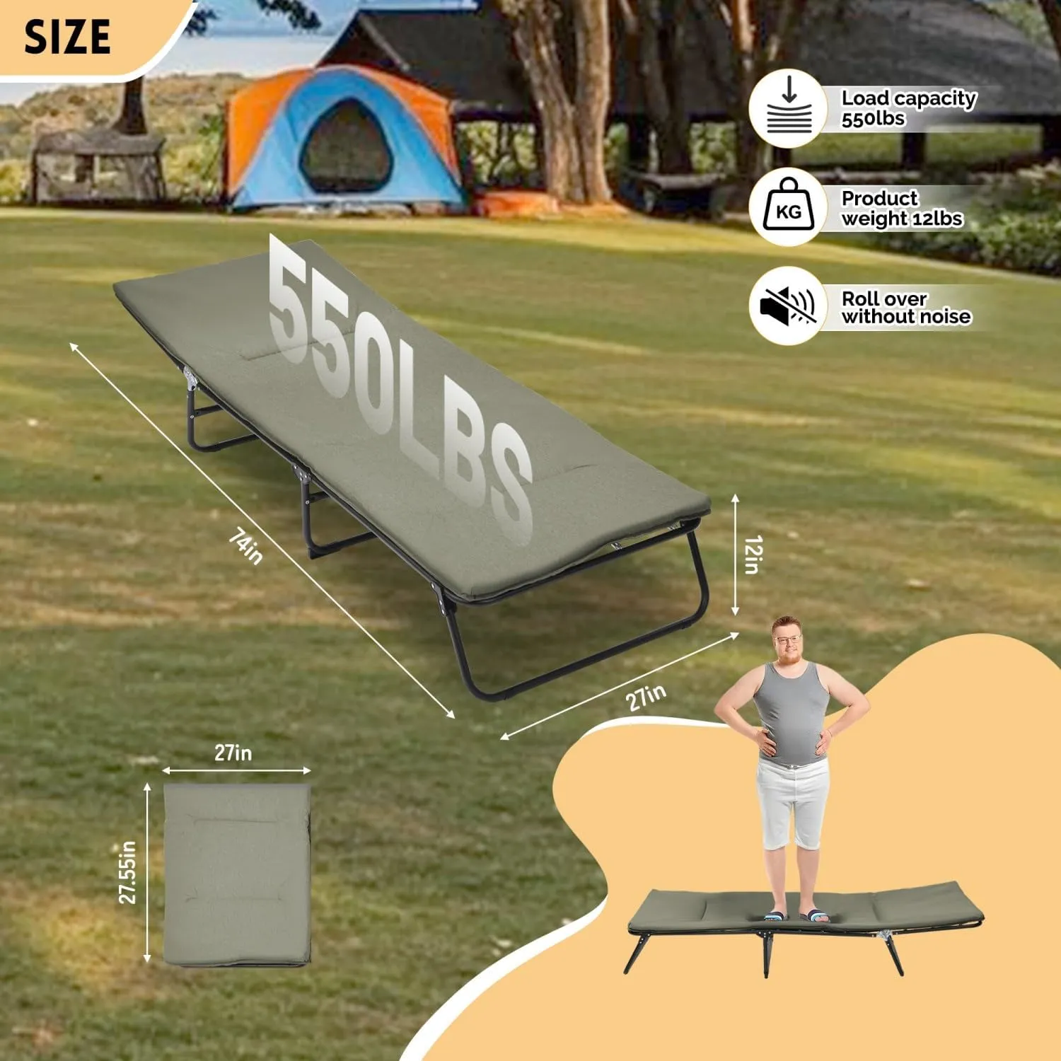 Portable Camping Cot for Adults,5-Angle Adjustabl Folding Cot for Sleeping with Carry Bag,Pillow and Soft Cushions,Heavy Duty Outdoor 1200 D Layer Oxford Travel Camp Cots (Grey)