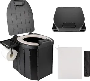 Portable Camping Toilet with PU Seat – Foldable Travel Toilet for Adults, Detachable Phone Holder, Splash Guard & Waste Bags – Compact Design RV Hiking Emergency