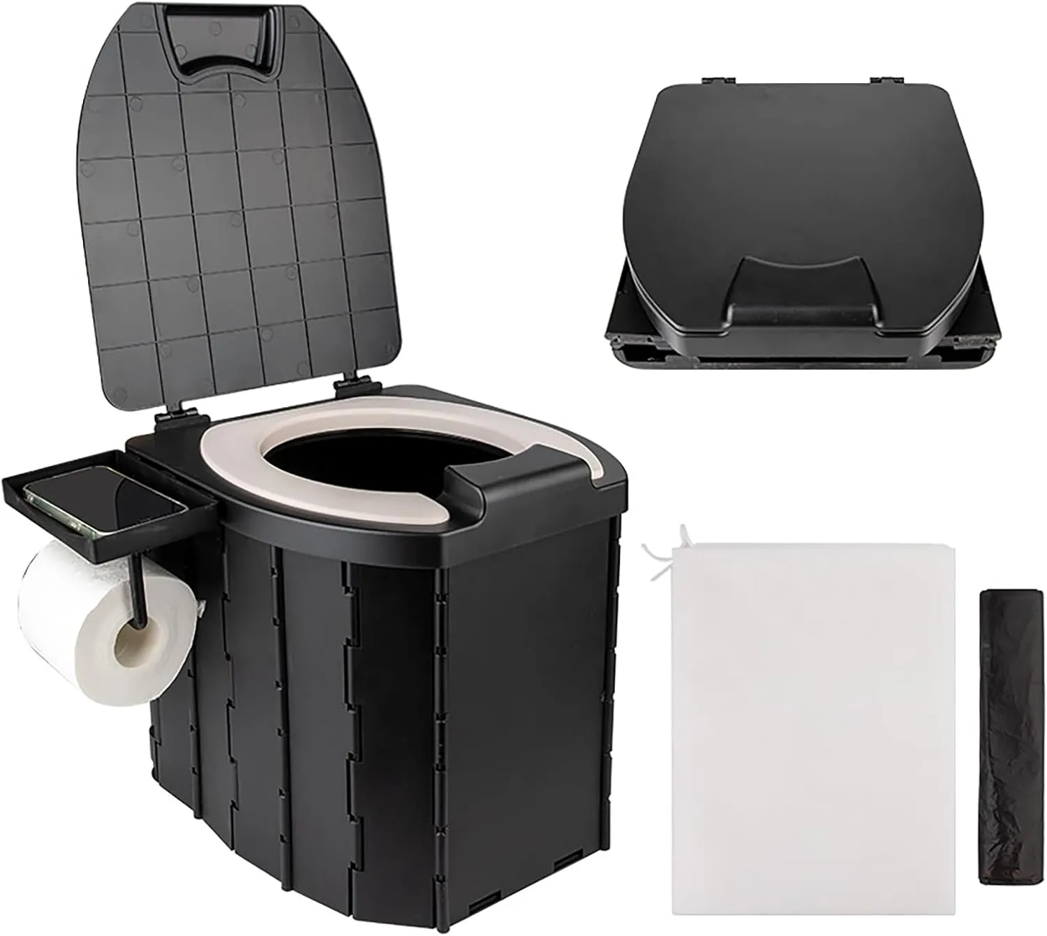 Portable Camping Toilet with PU Seat – Foldable Travel Toilet for Adults, Detachable Phone Holder, Splash Guard & Waste Bags – Compact Design RV Hiking Emergency