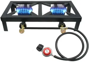 Portable Double Burner Outdoor Gas Stove Propane Cooker with Adjustable 0-20Psi Regulator Hose for Patio Camping, BBQ, Home Brewing, Turkey Fry, Maple Syrup Prep