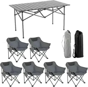 Portable Foldable Camping Table with Chair Set, Aluminum Roll-up Top Picnic Lightweight Furniture Set for BBQ Garden Hiking Fishing