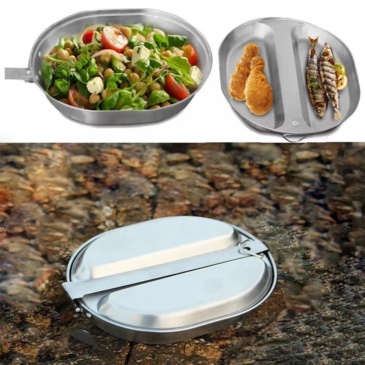 Portable Outdoor Stainless Steel Lunch Box Long Handle Oval Camping Cookware