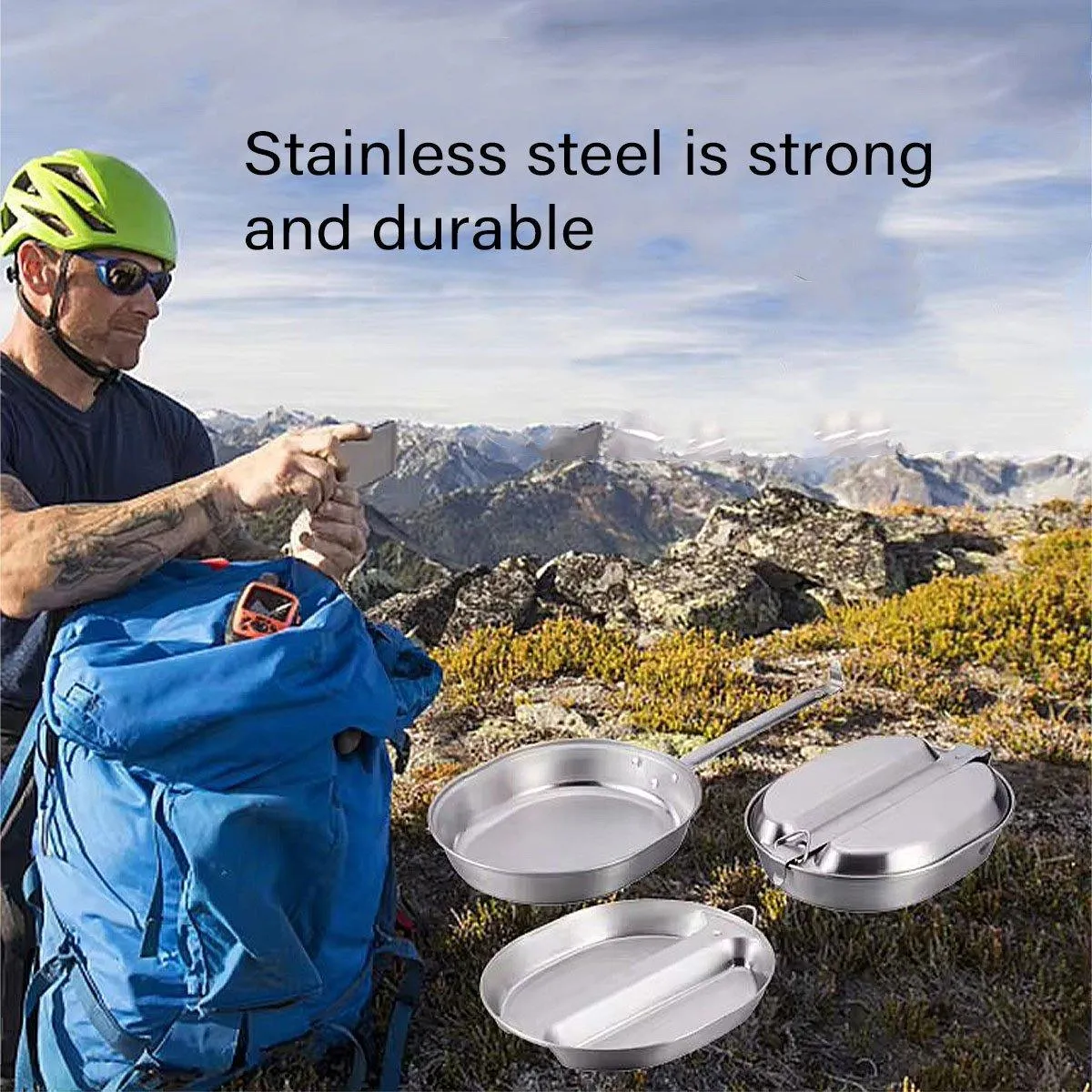 Portable Outdoor Stainless Steel Lunch Box Long Handle Oval Camping Cookware