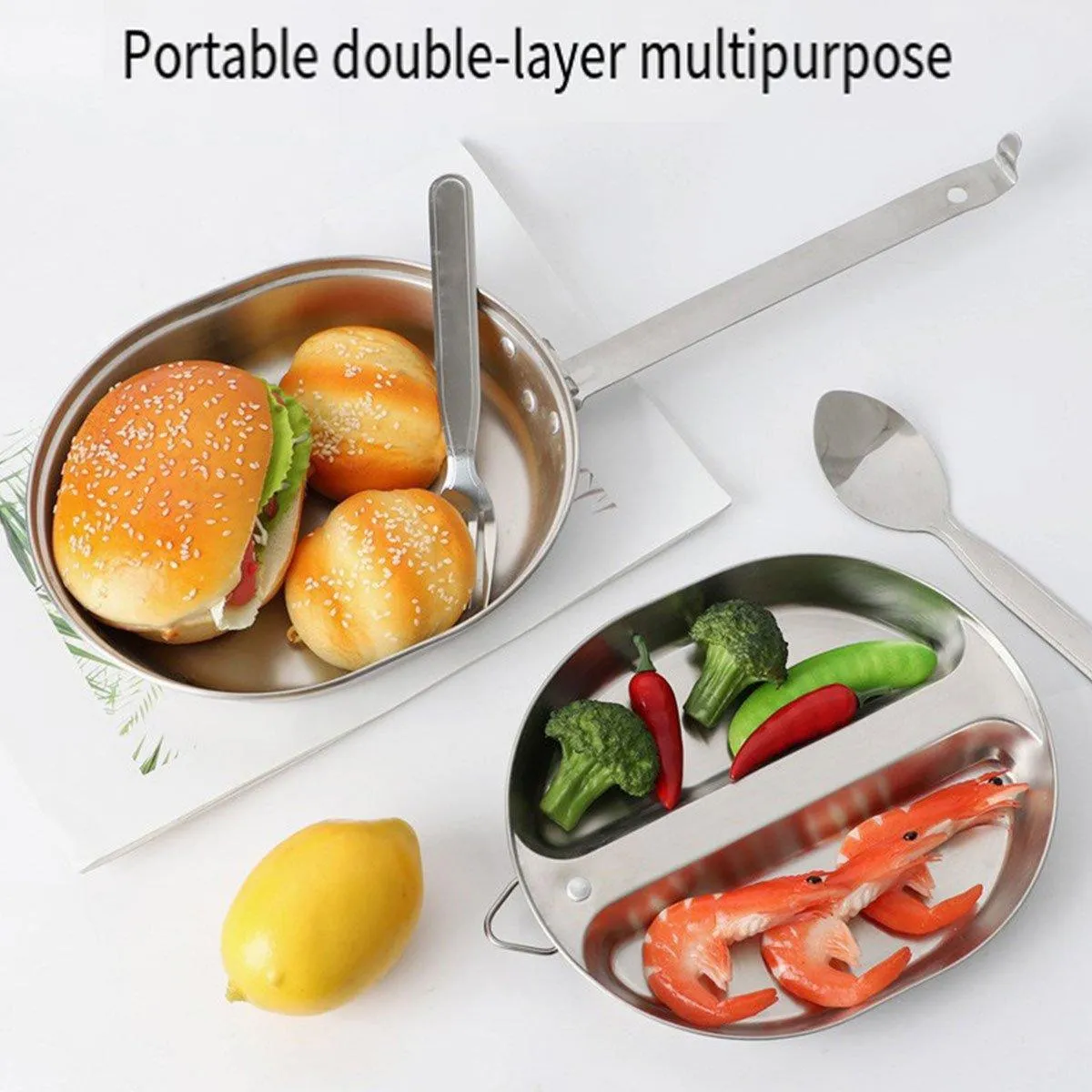 Portable Outdoor Stainless Steel Lunch Box Long Handle Oval Camping Cookware