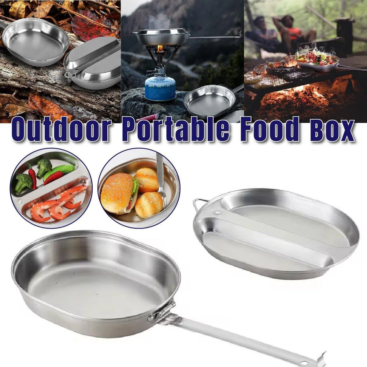 Portable Outdoor Stainless Steel Lunch Box Long Handle Oval Camping Cookware