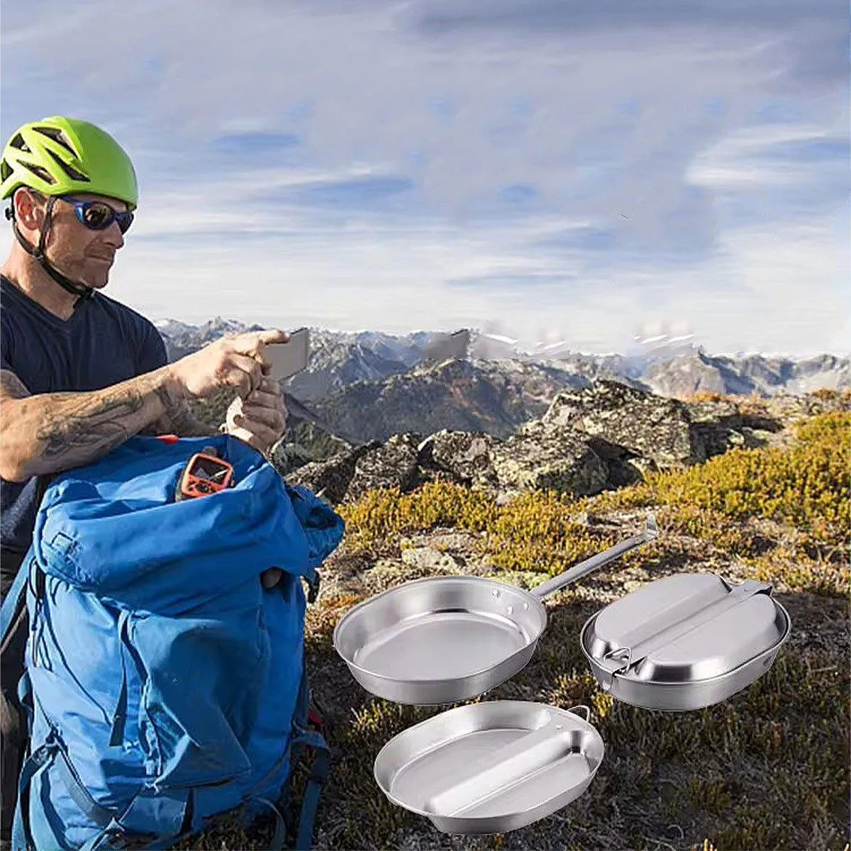 Portable Outdoor Stainless Steel Lunch Box Long Handle Oval Camping Cookware